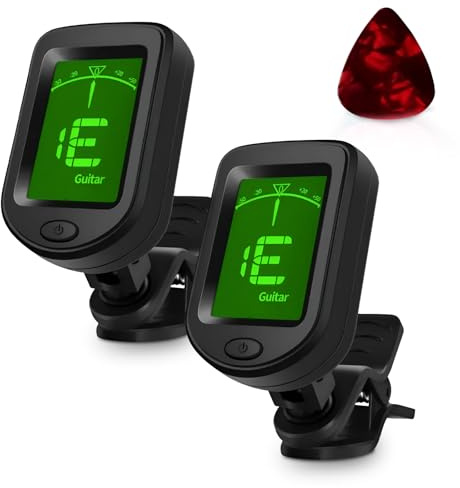 Gitarren-Stimmgerät + Plektrenset | Chromatisches digitales Stimmgerät für Gitarre, Ukulele, Bass, Violine, Banjo und Blasinstrumente mit 360° drehbarem LCD-Display und Batterie im Lieferumfang
