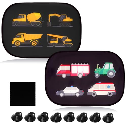 2PCS Auto Sonnenschutz Baby mit UV Schutz, Fahrzeug Motiv Auto Sonnenblende Selbsthaftende, Universal Vorhang Seitenscheibe Sonnenblenden für Kinder Autofenster Sonnenschutz Hitzeschutz Blendschutz