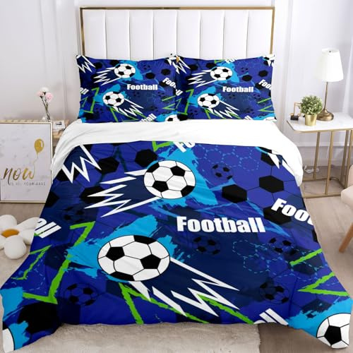 TSOPEFI Juego de ropa de cama para niños con diseño de fútbol 135x200, juego de funda nórdica y funda de almohada 3D con motivo de fútbol para niños adolescentes, azul, verde, funda de edredón suave y