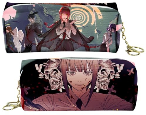 Feidiao Chains Saw Pencil Case Cute Anime Figure Denji & Makima Pen Case Large Capacity Pen Bag Portable PU Cosmetic Pouch (B)