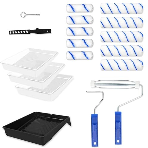 YEENAIV 18 Pcs Farbrollerset Farbroller & Farbbehälter-Sets, Wandfarbpinsel-Rollersets zum Streichen von Wänden Kanten & Decken, Inklusive Farbbehälter Große und kleine Rollen Rollenbezüge Farbmischer