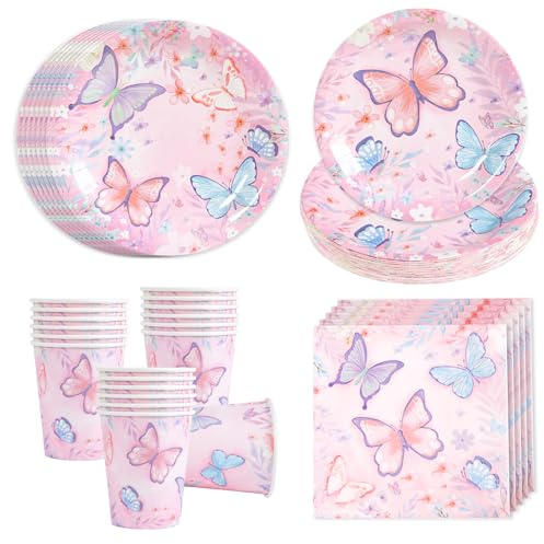 Stoviglie per Feste di Farfalla, 96 Pezzi Stoviglie Monouso Compleanno Farfalla Tema, Piatti Carta Tovaglioli Bicchieri per Decorazione di Festa Compleanno Bambini Bambina, Festa del Tè(24 Ospiti)