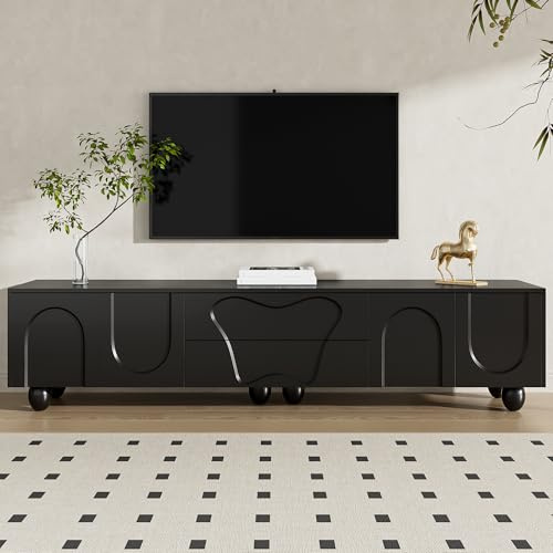 Merax TV-Schrank mit Holzbeinen Moderner Fernsehtisch mit Stauraum,180 L x 40 B x 42 H (cm) TV Lowboard mit Türen & Schubladen, TV Board für Wohnzimmer, TV Möbel - Schwarzer