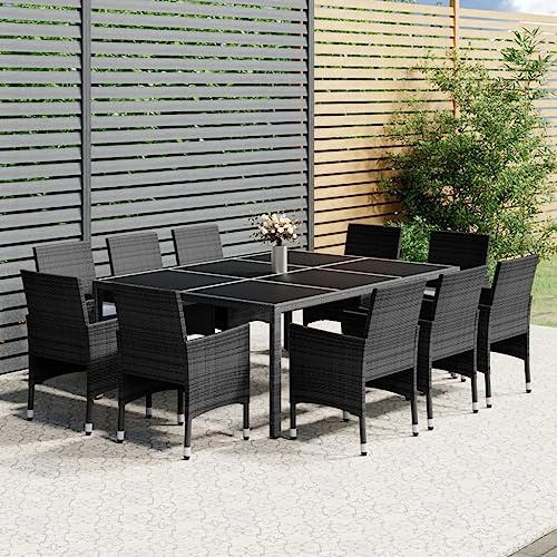 Holamys 11-TLG. Garten-Essgruppe Poly Rattan Grau für 10 Personen, Esstisch 200x150cm, Outdoor Essgarnitur mit abnehmbaren Kissen, wetterfestes Balkonmöbel Set