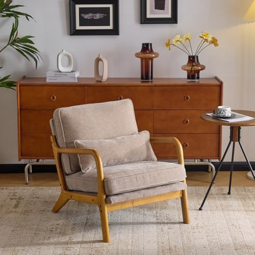 Bonnlo Modern Accent Chair, Soild Wood Lounge Armchairs, Chenille, Khaki | Occasional Reading Chair with Cushions and Lumbar Pillow, Mid Century Armchairs for Living Room, Bedroom, Guest Room,