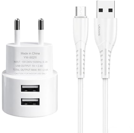 Double Prise USB-A 5V 2,1A, Prise Européenne Chargeur Double USB Rapide Adaptateur Secteur avec Câble Type-C 1M, pour Samsung, pour Apple, pour Huawei, Tablettes, Appareils Photo, Multiprise USB
