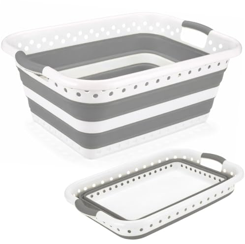 edihome Barreño Plegable 42 L – Cesto Ropa Colada de Plástico y Silicona con Asas, Cesta Multiusos Para Lavadora al Tendedero, Laundry Basket y Almacenaje Hogar (Gris, XL)