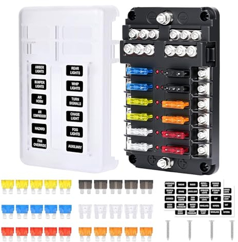 12 Fach Sicherungshalter, Wasserdichter Kfz Sicherungskasten, Sicherungskasten 12V mit LED Anzeige, mit 30 Flachsicherungen, Staubdicht Cover, Sicherungsblock für DC 12V/24V Auto LKW RV Boot