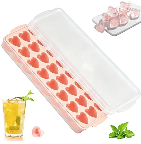 Herz-Eiswürfelform, 24 fache Herz Silikonform, Eiswürfelformen mit Deckel | Eiswürfelform herz für Bier, Cocktails, Whisky, Soda und Wasser (Rosa)