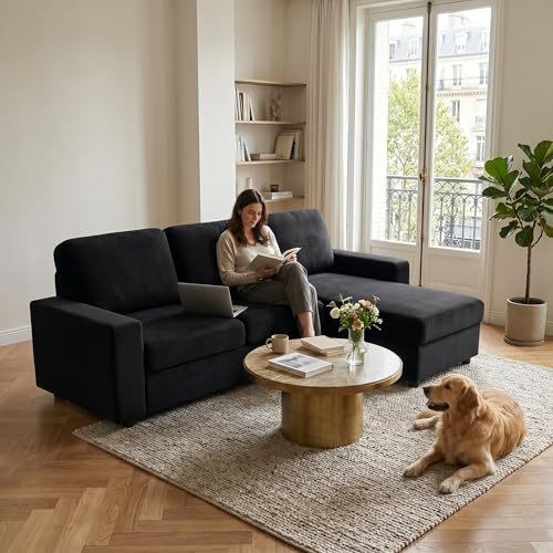 Bladez Moderne Wohnlandschaft 245,5 cm mit Taschenfederkern, Ottomane flexibel montierbar, 4 Staufächer & abnehmbare Bezüge – bequemes Sofa für Wohnzimmer & Haustierbesitzer, Schwarz