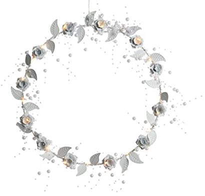 Kaemingk LED Kranz mit Blüten, Blättern und Perlen batteriebetrieben mit Timer 34 cm weiß Kunststoff warm weißes Licht für Festliche Anlässe Dekoration