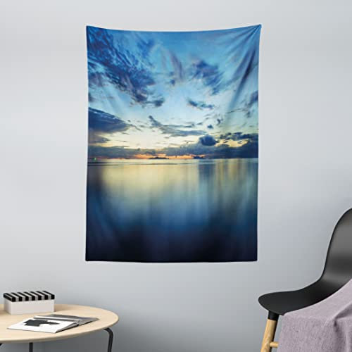 ABAKUHAUS Blau Wandteppich, Dämmerung über Tropical Lagoon aus Weiches Mikrofaser Stoff Waschbar ohne Verblassen Digitaldruck, 110 x 150 cm, Dunkel Blau