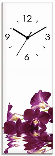ARTLAND Wanddeko Wanduhr ohne Tickgeräusche Glas Funkuhr 20x60 cm Rechteckig Lautlos Orchidee Blumen Blüten Asiatisch Modern Natur Design S7NF