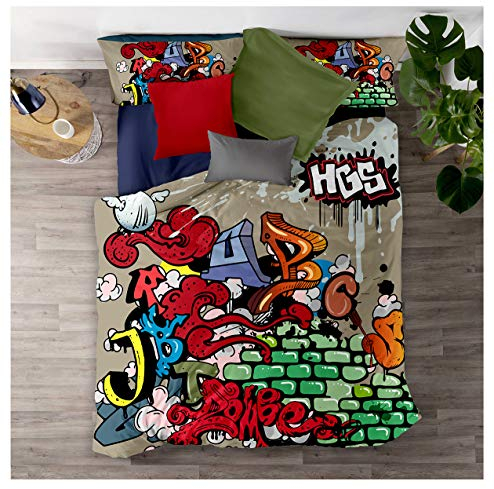 Loussiesd Kinder Kids Graffiti Wall Betten Set Sreet Art Design Bettwäsche Set Weiche Mikrofaser Hiphop Stil Bettbezug mit 1 Kissenbezug 2 teilig 135x200 cm + 80x80 cm, Jungen