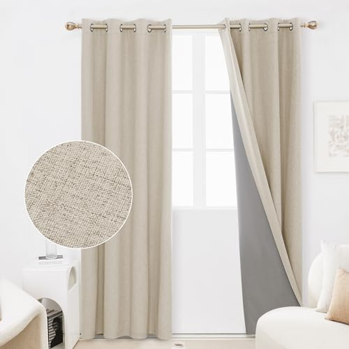 Deconovo 100% Blickdichte Gardinen Verdunkelungsvorhang Leinenimitation Total Verdunkelung Thermovorhang Wohnzimmer mit Ösen 229x132 Leinen 2er Set