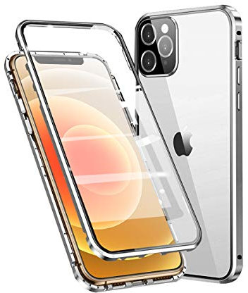 Case for iPhone 12 mini, Camera Protection Magnetic Case Glass Front & Back High Definition Transparent Cover 360 Degree Shockproof Magnet Metal Bumper Camera Lens Protector Case, Silver