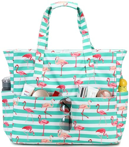 LEDAOU Große Strandtasche Damen Umhängetasche Handtasche wasserdicht sanddicht mit Reißverschluss Strandtasche für Pool Fitnessstudio Reisen mit Nasstasche (Blaue und weiße Streifen)