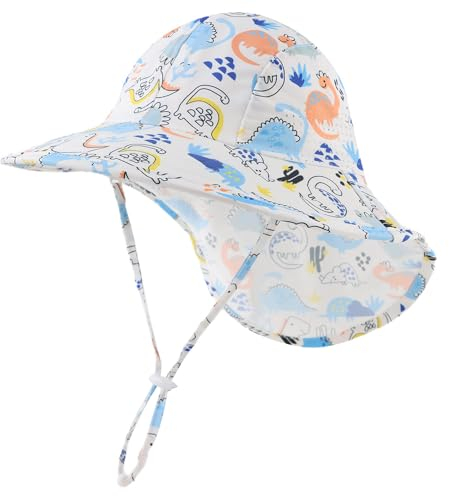 Pesaat Baby Sonnenhut Mädchen Mit UV-Schutz Sonnenmütze Baby Junge Mit Nackenschutz Sommermütze Kinder Babymütze Sommer (Dinosaurier-Himmelblau, Gr.4-8Jahren(52-56))