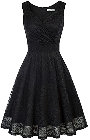 GRACE KARIN Women 50s Party Dress Elegant V-Neck Ruffled A-line Vintage Event Prom Dress L Lace Black