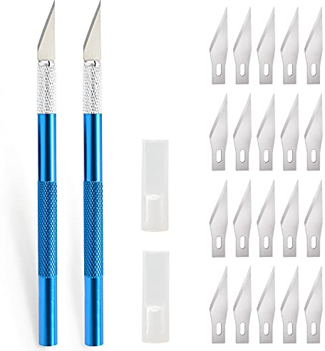 EHDIS 2 pièces Scalpel avec 20 lames, Cutter de précisioncouteau artisanal, couteau cutter, scalpel pedicure, scalpel chirurgical, couteau à découper, cutter pour sculpture, film de fenêtre, Bleu