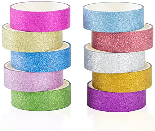 CGLRybO 10 Rollen Glitzer Washi Tape Set, Farbmaskierungsband Einfarbig Papierbänder für Weihnachten DIY Dekor Bullet Journals, Scrapbooking & Bastelbedarf