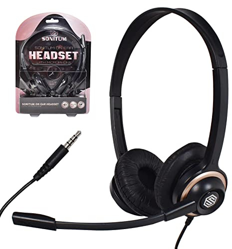 Sonitum Auriculares con micrófono con cancelación de Ruido para computadora, Oficina, reuniones, Chat, cómodos Auriculares, micrófono Giratorio, Conector de 3.5″ conectividad Universal, 10 Unidades