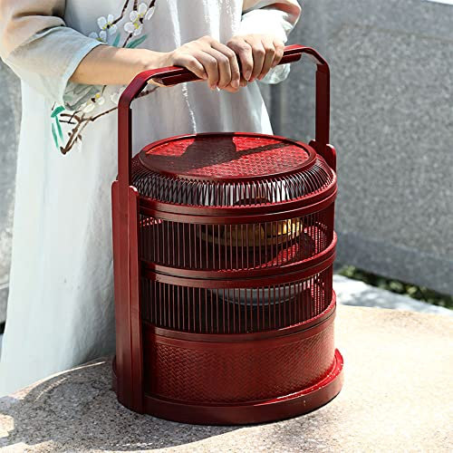 MNSRRN Handgemachte Bambuskorb, dreischichtiger Retro-Lebensmittelkasten mehrschichtiger Lieferkorb Picknickkorb,Rot