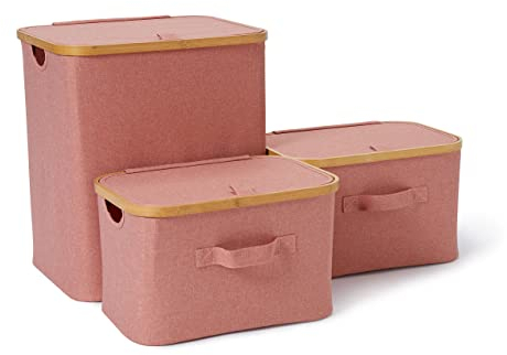 Lumaland Bambus-Rahmen Aufbewahrungsbox 3er Set rechteckig hoch | Boxen in den Maßen 40,5 x 33 x 45 cm und 2x 38 x 26 x 23 cm [Rosa]