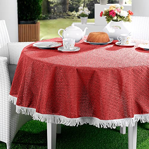 EMHELLE Gartentischdecke Garten Balkon Terrasse Tischdecke Camping Picknick Rund Oval Eckig Außen und Innenbereich Rutschhemmende Oberfläche mit weißen Fransen (130 cm Rund, Rot)
