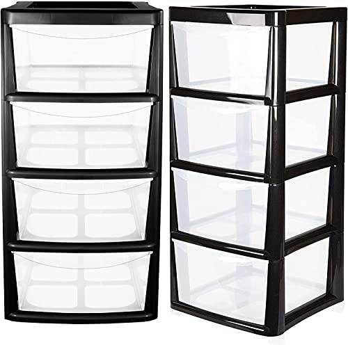 Strong Large 4 Drawer Plastic Modular Storage Drawer Tower Perfect for Schools, Offices and Storage Solution Black Frame Design with Clear Drawers (1)