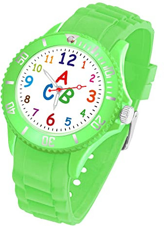 Taffstyle Kinder Armbanduhr Silikon ABC Zahlen Motiv Sportuhr Analog Quarz Bunte Sport Uhr Farbige Kinderuhr Mädchen Junge Lernuhr 34mm Grün