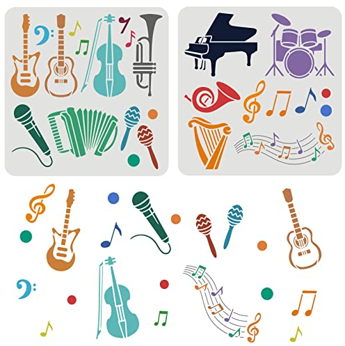 FINGERINSPIRE 2 Stück Musikinstrumente Schablone 30x30cm Wiederverwendbare Musik Zeichenschablone Rockband Schablone Orchesterinstrumente Schablone zum Malen auf Holz, Boden, Möbel, Wand und Papier