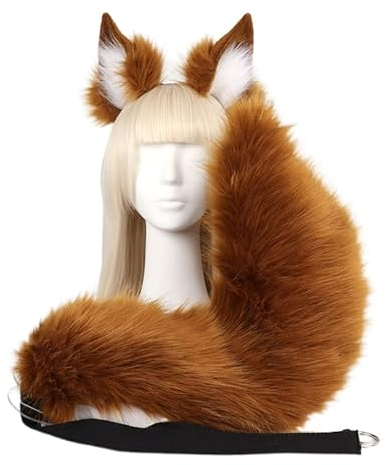 Angela0123 Kunstfell-Fuchsohren und Schwanz-Set, pelzige Ohren, Stirnband mit Schwanz, Fuchsohren, Halloween, Cosplay, Party, Fuchs-Kostüme (Dunkelbraun), Einheitsgröße