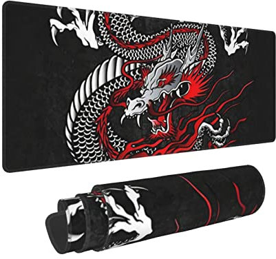 Japanese Dragon Black Red Mouse Pad XL Extended Desk Mat, Non Slip Rubber Base Stitched Edge Gaming Pc Desktop Large Mice Pad,31.5 x 11.8 Inch