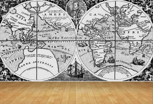 Old Map of World Map Vintage Style Wall Art Wall Mural Wallpaper fit with standard wall paper paste 300cm wide x 240cm deep
