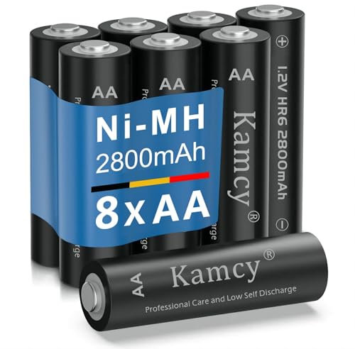 KAMCY Piles AA, Rechargeables, Pile Rechargeable AA, Batterie Rechargeable, 2800 mAh Ni-MH Batterie Solaire – Piles AA Rechargeables à Faible autodécharge – Piles HR6 à Haute capacité - Lot de 8