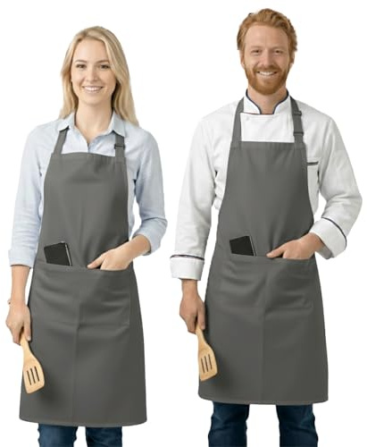 LivinEase Unisex Baumwollmischgewebe Schürze mit 2 Fronttaschen | verstellbarer Nackenriemen & lange Bindebänder | Küchenschürze, Grill- & Gastronomie-Schürze (2er-Pack)