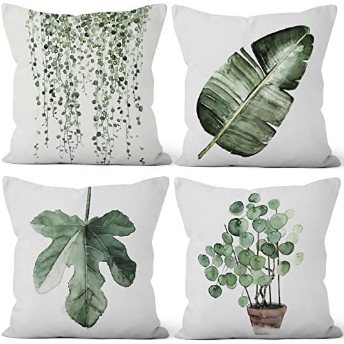 MIRRORANG Green Leaf Throw Pillow Covers, Watercolor Leaf Pattern Leinen Kissenbezüge, 4 Pack von Pflanzen Kissenbezüge für Sofa Couch Sommer Home Decor(46x46cm)