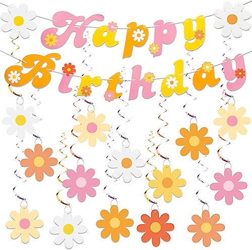 26 Stück groovige Geburtstagsparty-Dekorationen Boho Happy Birthday Banner Gänseblümchen Blume hängende Wirbel Hippie Party Decke Luftschlangen für zwei groovige Retro-Partyzubehör Babyparty