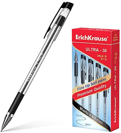 Erich Krause Kugelschreiber 0,26mm 12er Pack Schwarz - einfaches und weiches Schreiben - schlanke Form & transparent - Kulis & Schreibtischzubehör - mit Gummigriff - ULTRA-30 Classic