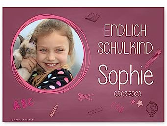 Striefchen® Foto-Banner zur Einschulung - Endlich Schulkind! - mit Namen des Kindes 50 x 70 cm Kunststoff Rosa