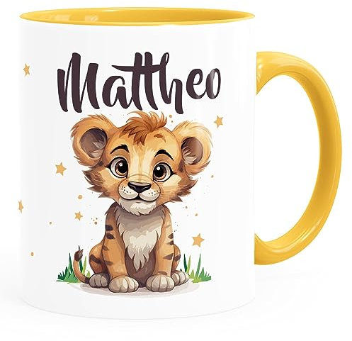SpecialMe® Kinder-Tasse Keramik Aufdruck Kleiner Baby Löwe mit Name personalisierte Geschenke Jungen Mädchen weiss-innen-gelb standard