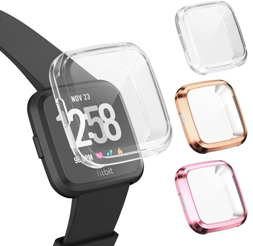 Vancle 3 Stücke Hülle NUR für Fitbit Versa Lite Schutzhülle, Weiche TPU Vollschutz Display Schutz Schutzhülle Staubdichte Kratzfeste Hülle für Fitbit Versa Lite Hülle, Transparent+Roségold+Rose