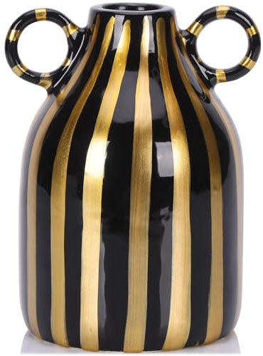 Black and Gold Ceramic Vase with Handle, Nordic Boho Small Vases Side Table Flower Centerpiece, Wide Mouth Single Flower Vase Pampas Grass Decorative - for Home Window Sill Living Dining Room Kitchen
