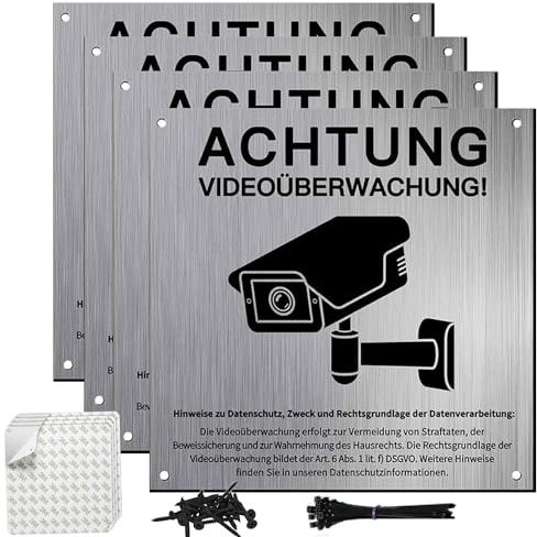 4 Stück Kameraüberwachung Schild, 15x15cm Achtung Videoüberwachung Schild, Videoüberwachung Aufkleber,Kamera Überwachung Schild mit 4x Bohrlöcher
