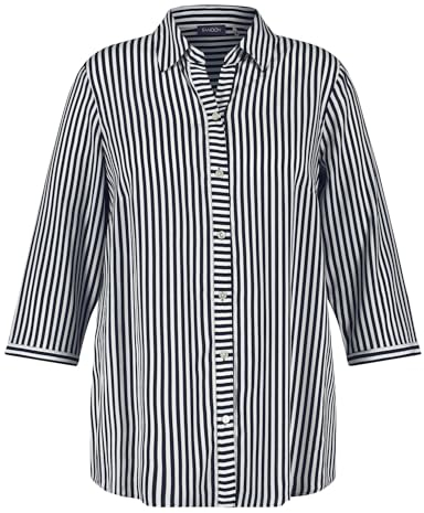Samoon Damen 3/4 Arm Bluse mit Streifen-Dessin 3/4 Arm, geknöpfte Armschlitze gestreift Navy Gemustert 52