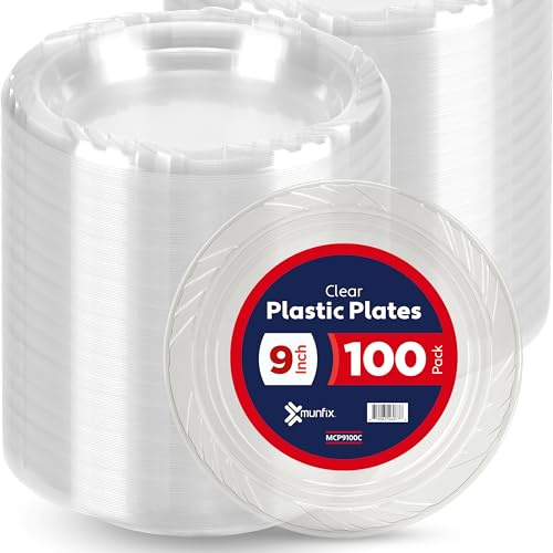 Munfix 100 Clear Plastic Plates Set - 9 Inch Disposable Dinner Plates Bulk Pack, for Party, BBQ, Picnic, Parties, Travel and Events, Microwavable Recyclable