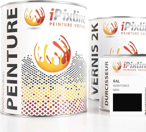 ipixline Kit Retouche Peinture Carrosserie Voiture - Pot Peinture 1000 ml, Vernis 2k 670 ml, Durcisseur 330 ml - Compatible avec Ral - Noir Foncé 9005