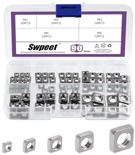 Swpeet 90 pezzi, 5 misure, M3, M4, M5, M6, M8, 304, in acciaio inox, filettatura grossa, set di dadi quadrati, dado a vite per macchina, filettatura grossa per uso domestico, automotive