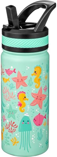 Fanhaw 550 ml Gourde Isotherme avec Paille - Bouteille Enfant en Acier Inoxydable Double Paroi, Anti-Fuite, Sans BPA, Pour Garçons et Filles (Vert - Pieuvre)